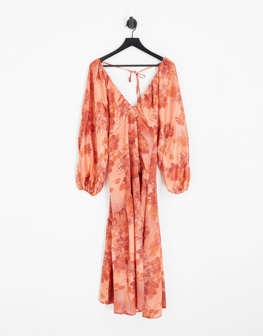 ASOS DESIGN satin batwing sleeve midi dress in burnt orange floral