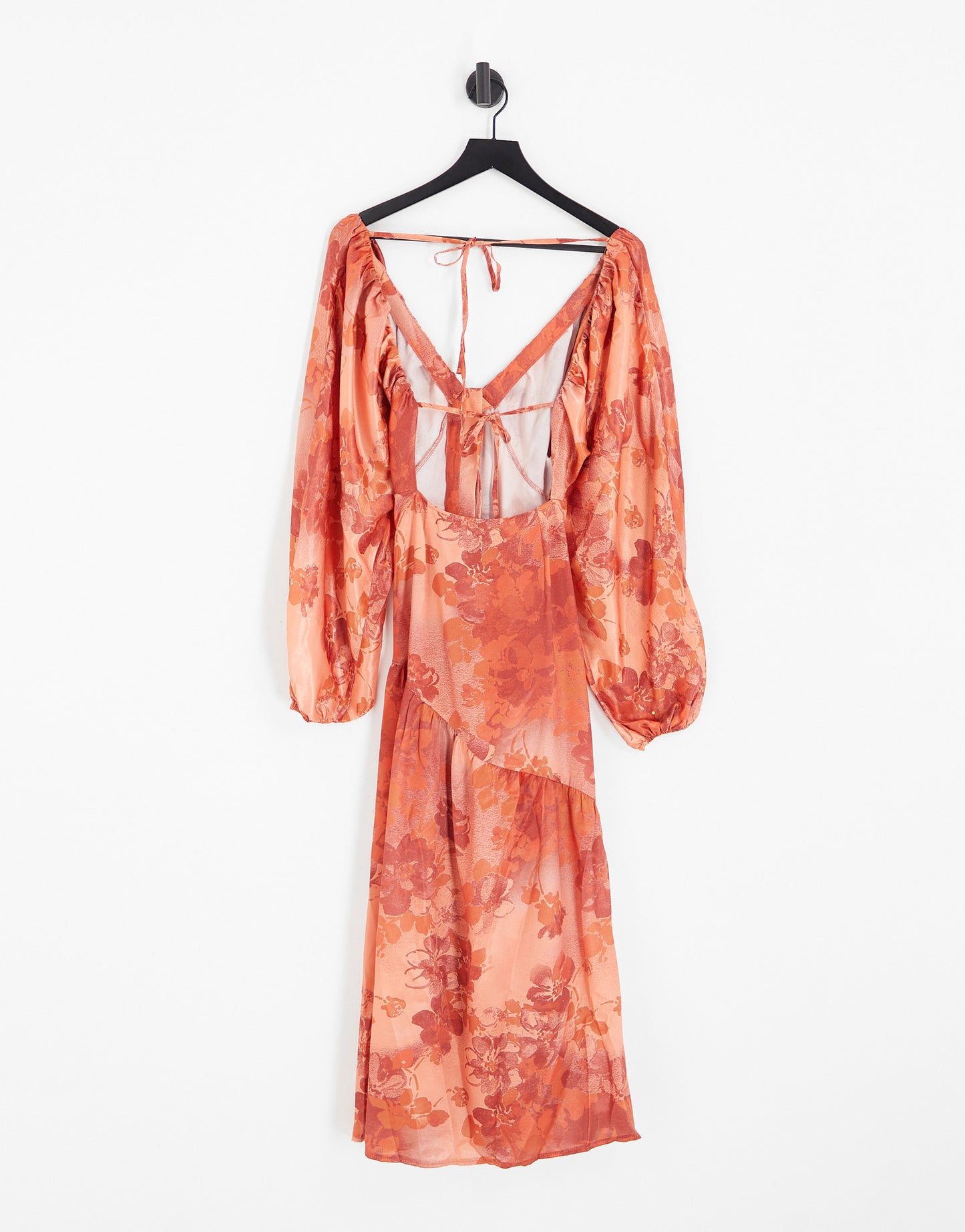 ASOS DESIGN satin batwing sleeve midi dress in burnt orange floral