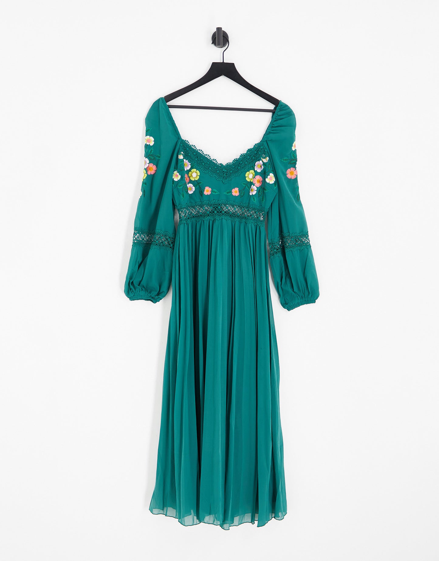 ASOS DESIGN embroidered lace insert pleated midi dress with long sleeves in pine green