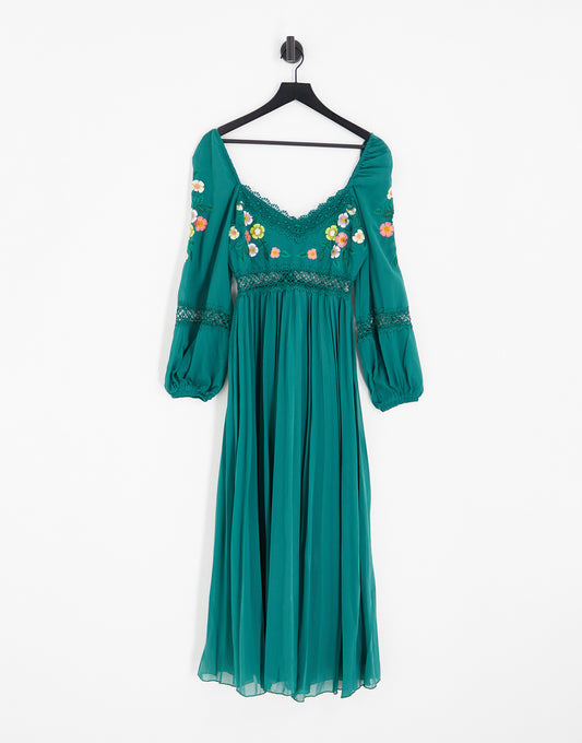 ASOS DESIGN embroidered lace insert pleated midi dress with long sleeves in pine green