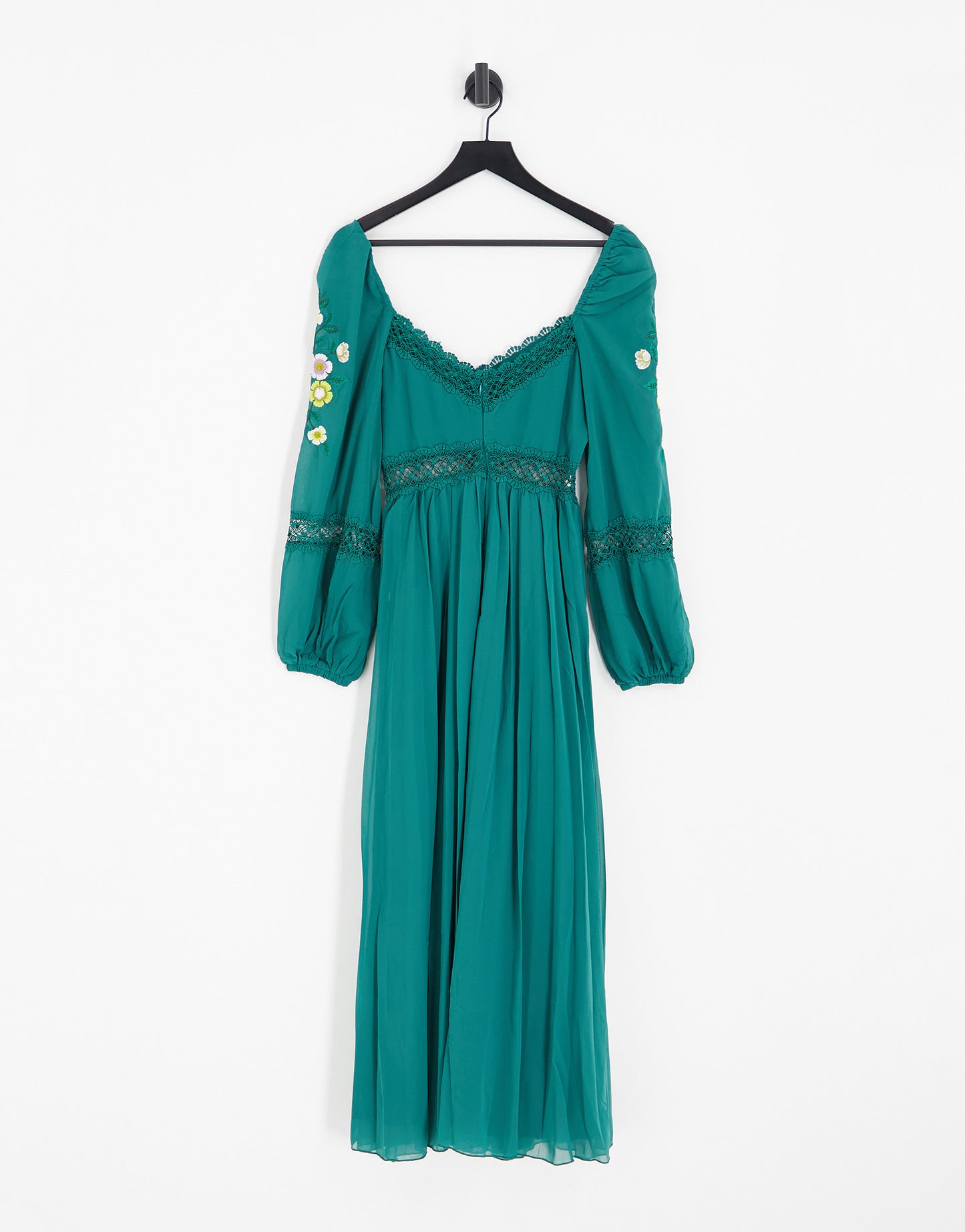 ASOS DESIGN embroidered lace insert pleated midi dress with long sleeves in pine green