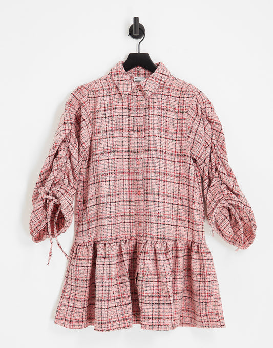 ASOS DESIGN boucle mini smock shirt dress with pephem in pink