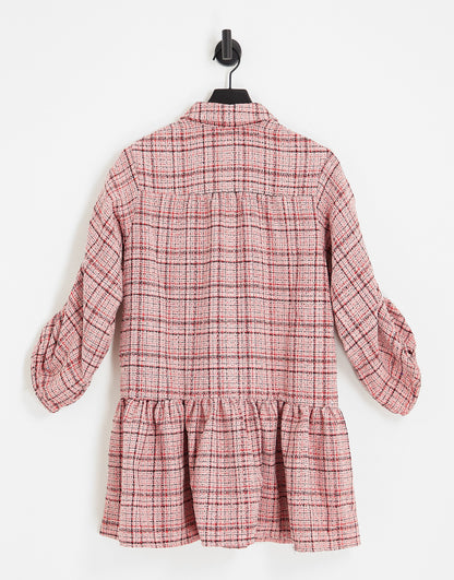 ASOS DESIGN boucle mini smock shirt dress with pephem in pink