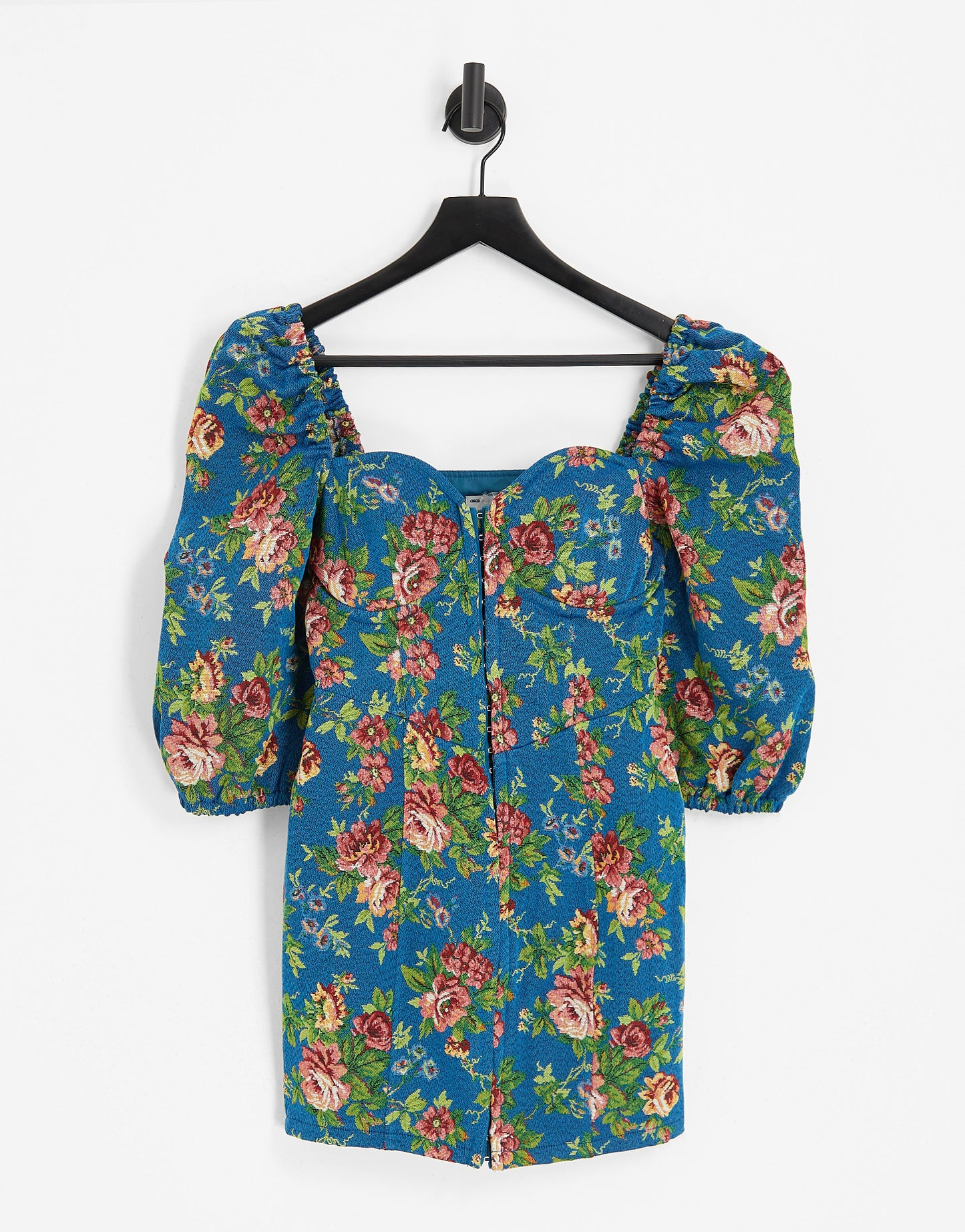 ASOS DESIGN tapestry corset mini dress with long sleeves in blue floral