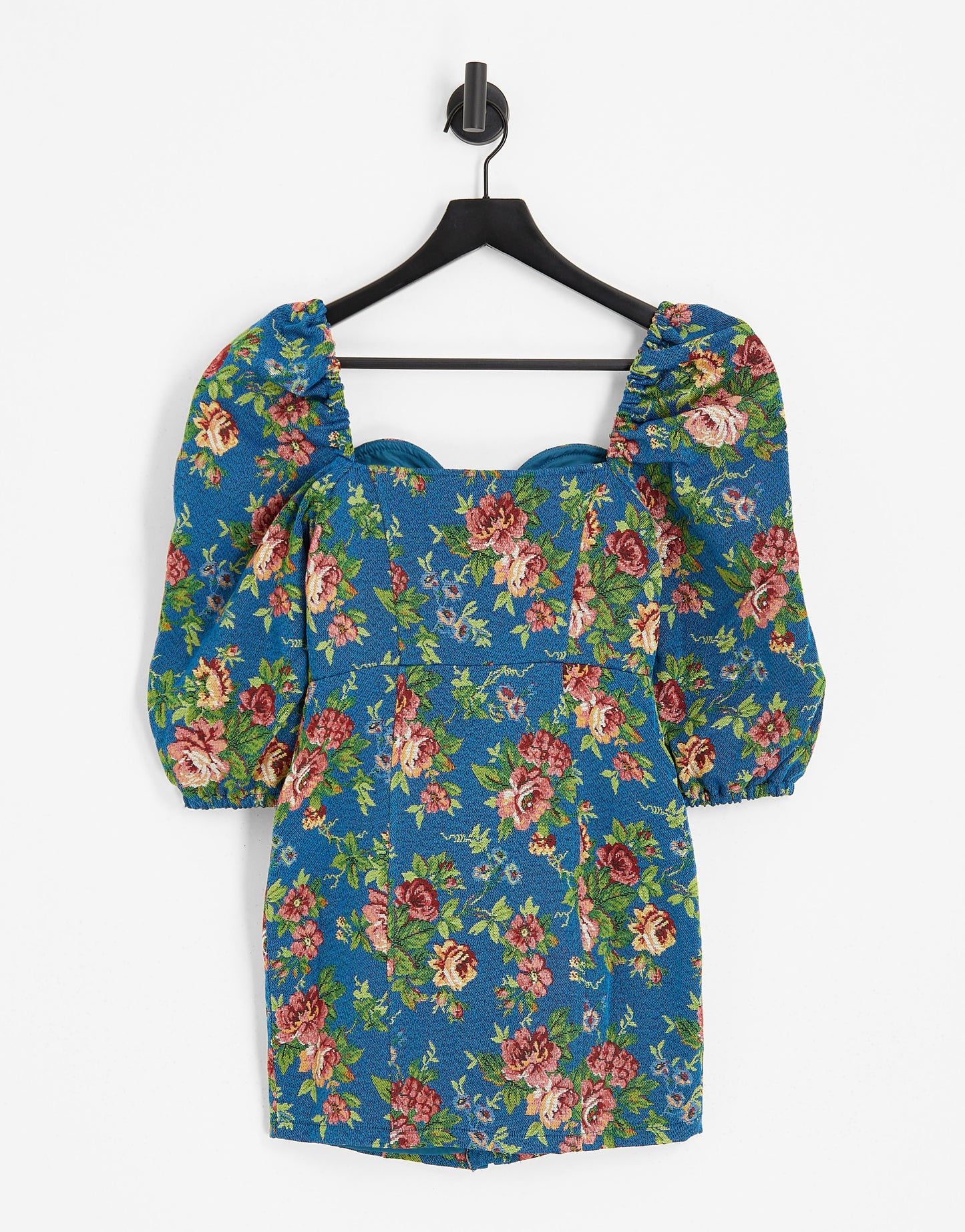 ASOS DESIGN tapestry corset mini dress with long sleeves in blue floral