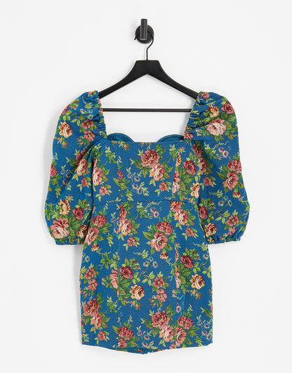 ASOS DESIGN tapestry corset mini dress with long sleeves in blue floral