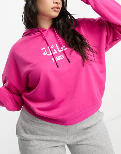 Night Addict Plus cropped hoodie with family print in bright pink