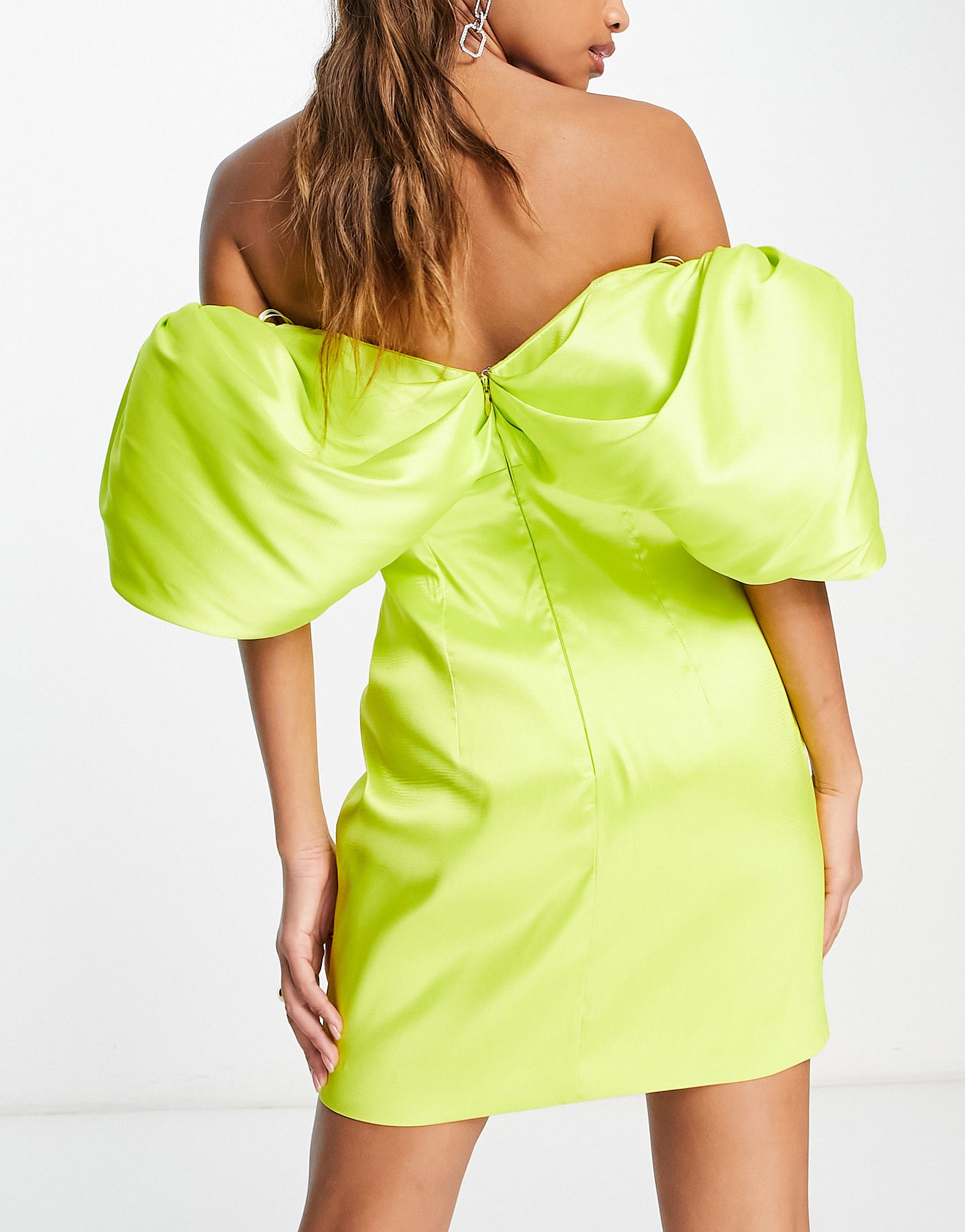 ASOS EDITION satin twill off shoulder mini dress with twist bust detail in chartreuse