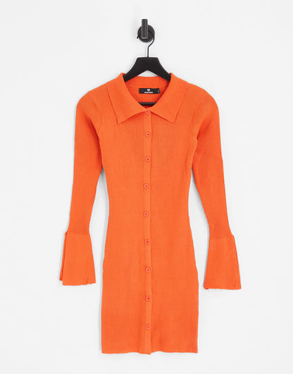 Heartbreak ribbed button through mini dress in bright orange