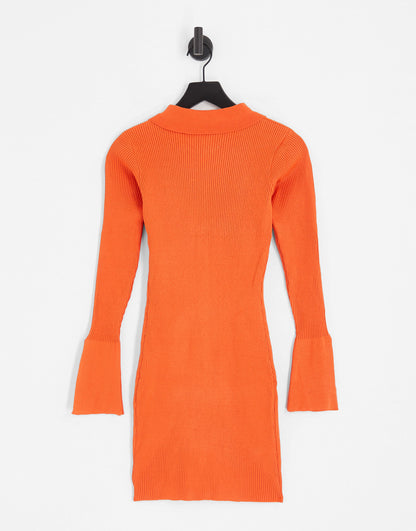 Heartbreak ribbed button through mini dress in bright orange