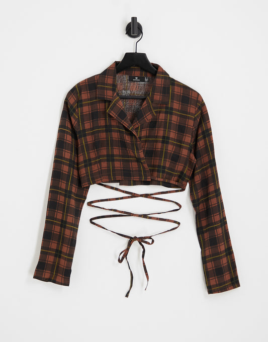 Heartbreak wrap front crop top with tie waist co-ord in brown check