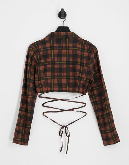 Heartbreak wrap front crop top with tie waist co-ord in brown check