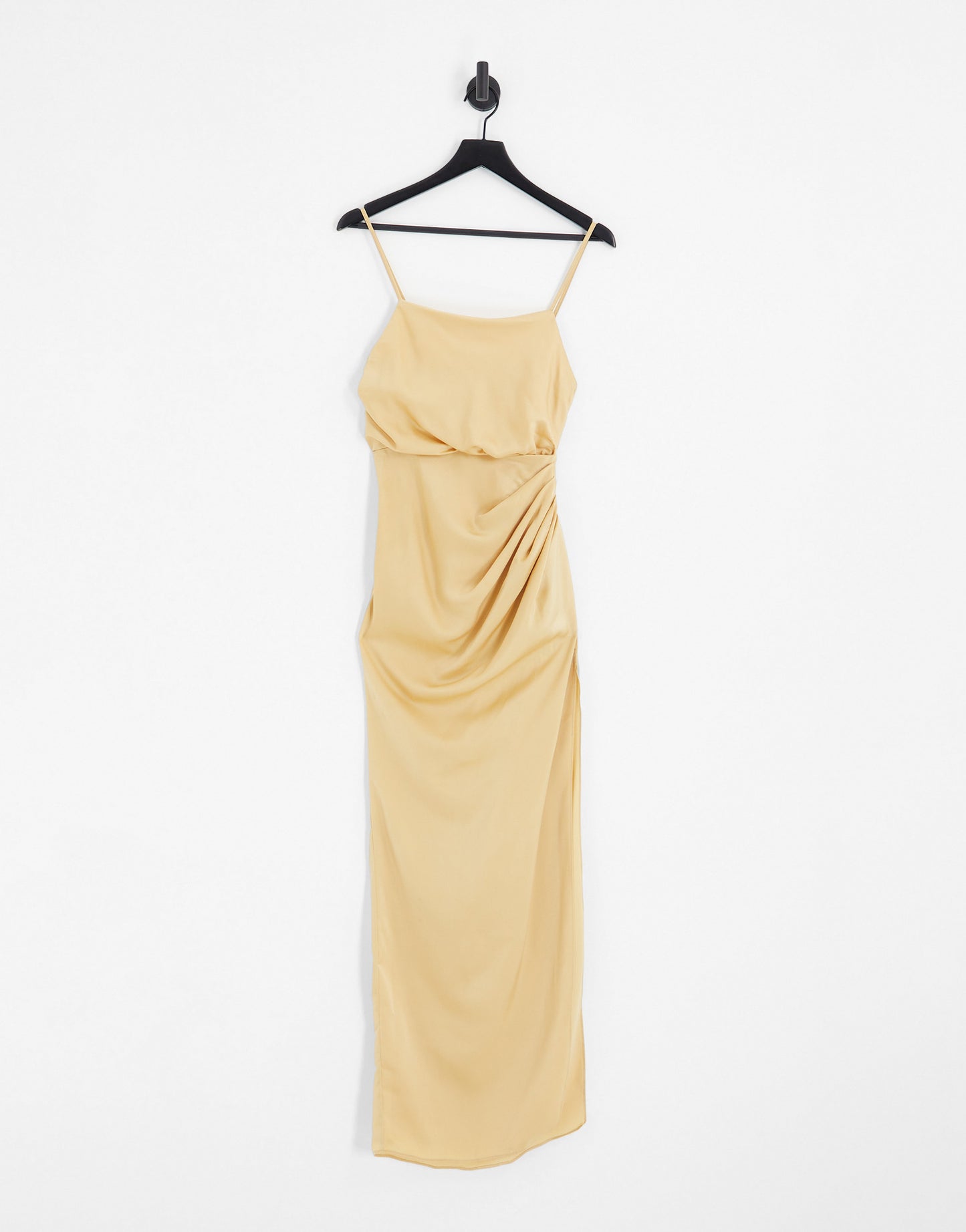 ASOS DESIGN Bridesmaid satin wrap maxi dress with drape detail skirt in soft gold