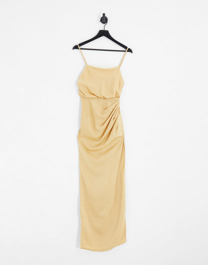 ASOS DESIGN Bridesmaid satin wrap maxi dress with drape detail skirt in soft gold