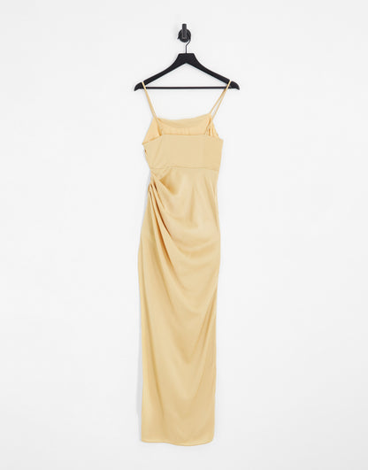 ASOS DESIGN Bridesmaid satin wrap maxi dress with drape detail skirt in soft gold