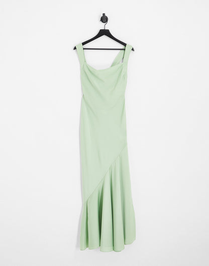 ASOS DESIGN Bridesmaid satin maxi dress with asymmetric bow back in sage