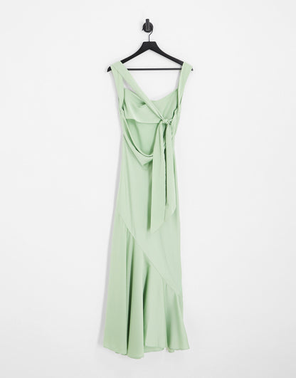 ASOS DESIGN Bridesmaid satin maxi dress with asymmetric bow back in sage