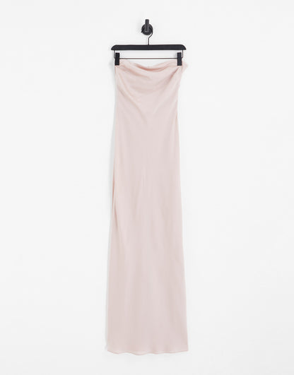 ASOS DESIGN Bridesmaid satin bandeau maxi dress with button back detail blush