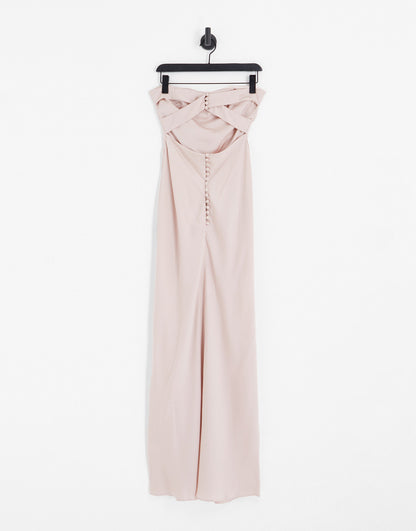 ASOS DESIGN Bridesmaid satin bandeau maxi dress with button back detail blush