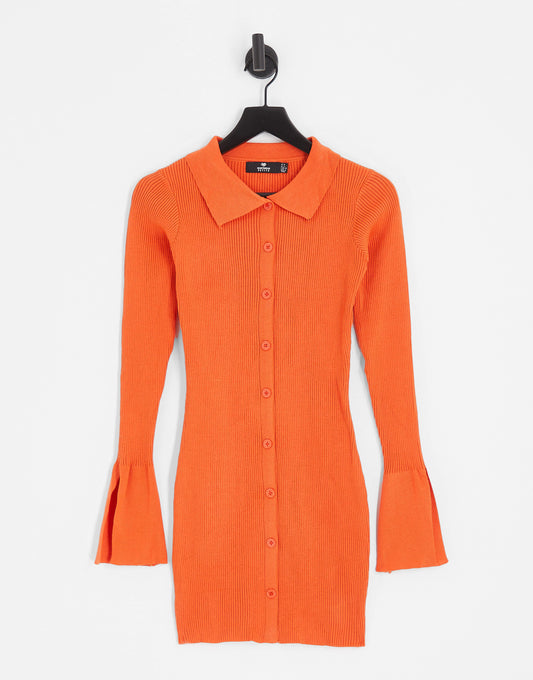 Heartbreak Petite ribbed button through mini dress in bright orange