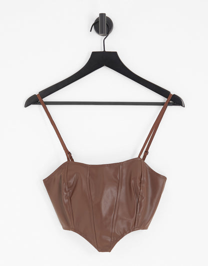 Heartbreak Petite faux leather corset top co-ord in chocolate brown