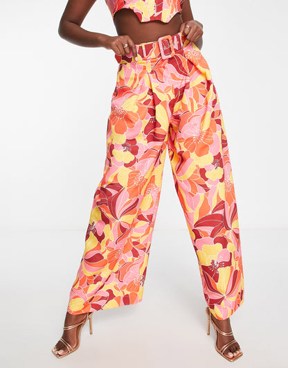 ASOS LUXE co-ord wide leg belted pleated trouser in bright floral print