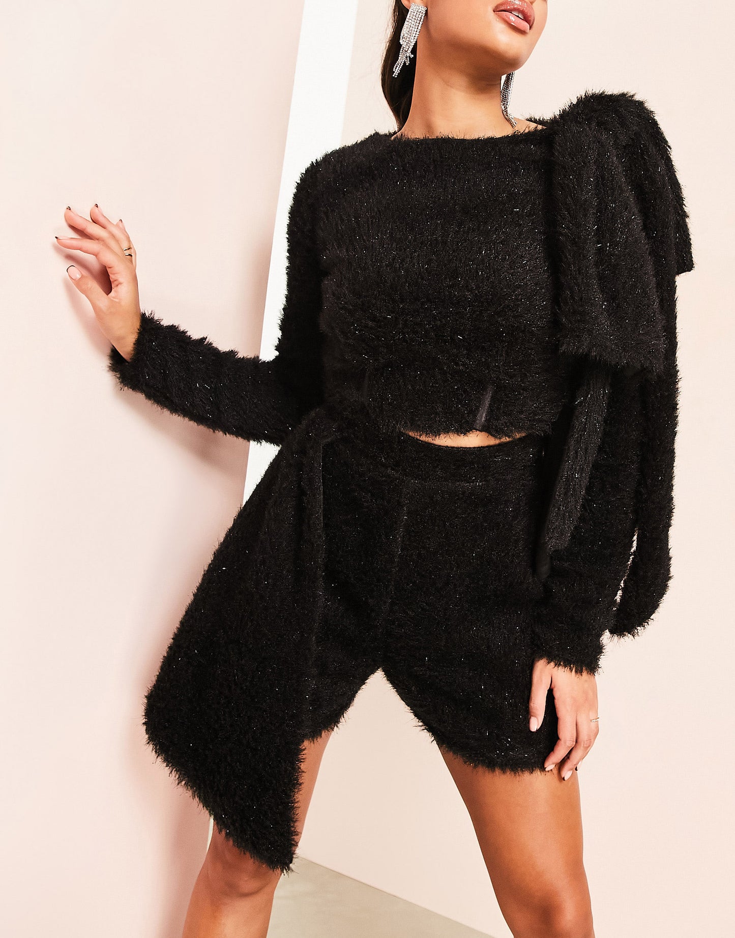 ASOS LUXE co-ord faux fur fluffy bow shorts in black