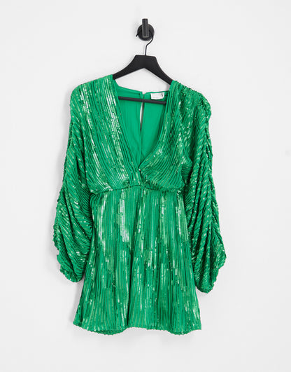 ASOS DESIGN embellishment mini dress in green with blouson sleeve