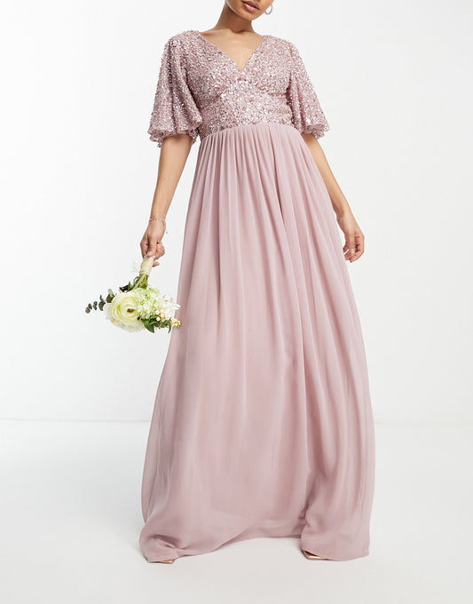 Beauut Bridesmaid emellished bodice maxi dress with flutter sleeve in frosted pink