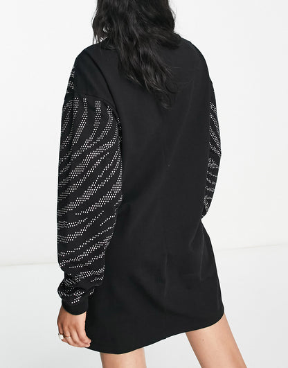 ASOS DESIGN oversized sweat mini dress with silver tiger embellishment in black