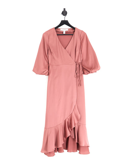 Liquorish Bridesmaid satin wrap midi dress with puff sleeve in soft rose pink