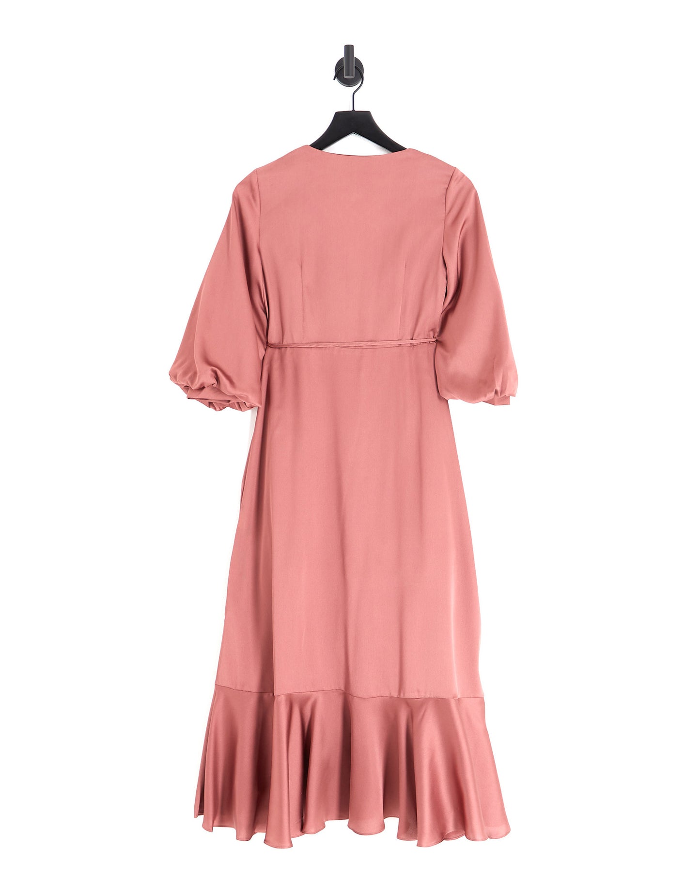 Liquorish Bridesmaid satin wrap midi dress with puff sleeve in soft rose pink