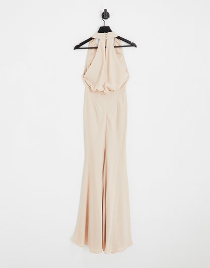 ASOS DESIGN Bridesmaid satin halter cowl maxi dress in blush