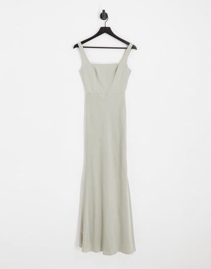 ASOS DESIGN Bridesmaid satin square neck maxi dress in sage green