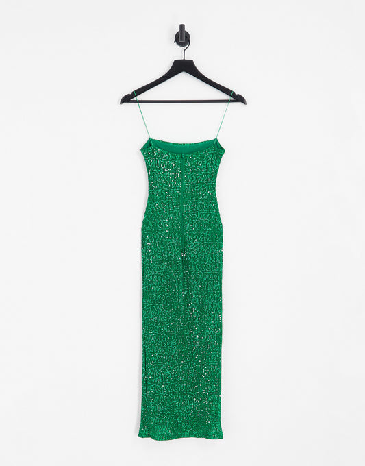 Vesper sequin cami strap midi dress in green