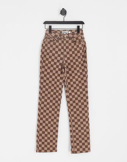 ONLY high waisted straight leg trousers in brown checkerboard