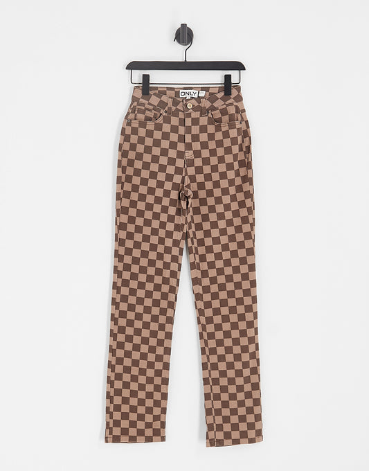 ONLY high waisted straight leg trousers in brown checkerboard