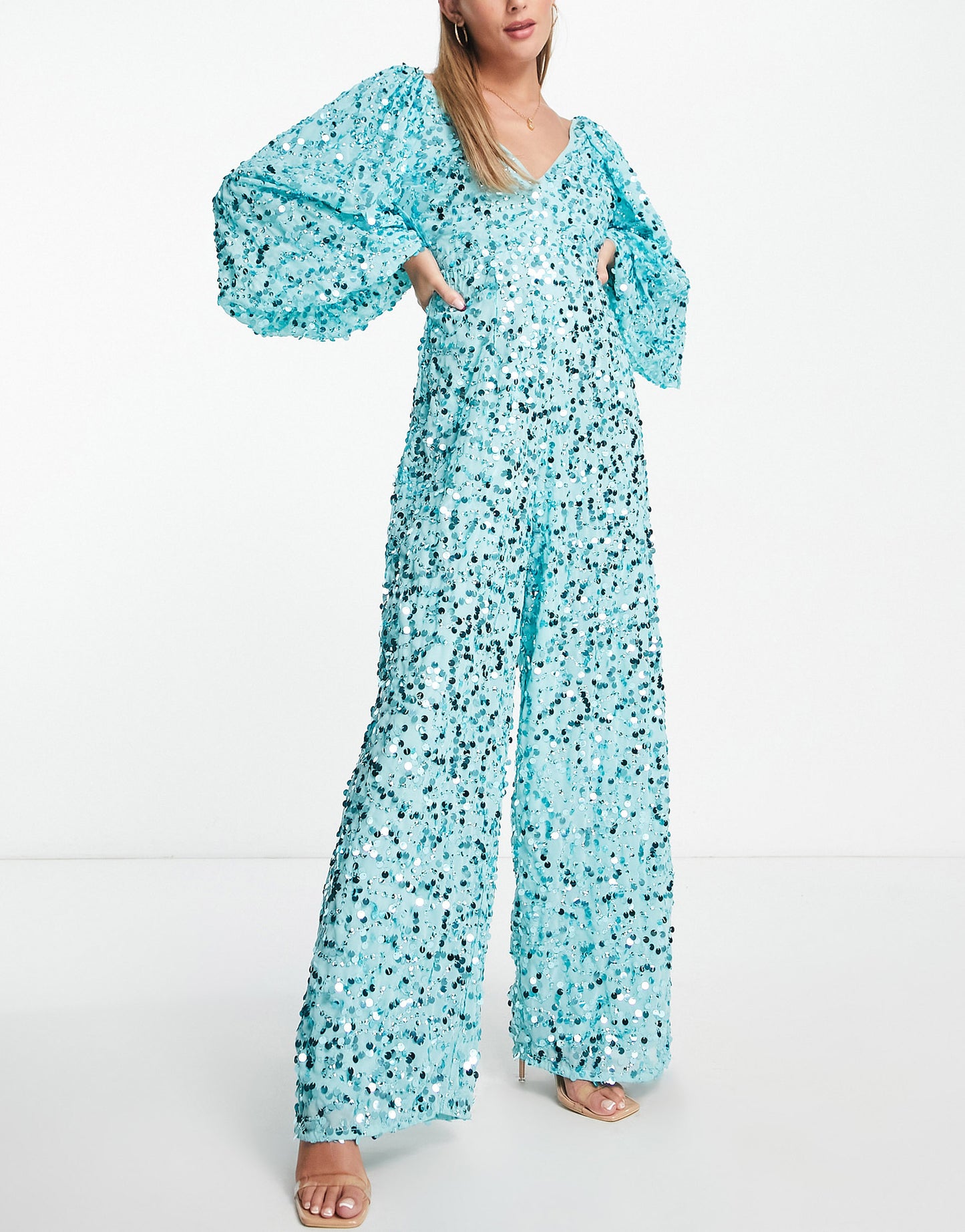 ASOS DESIGN embellished big sleeve wide leg jumpsuit in turquoise sequin