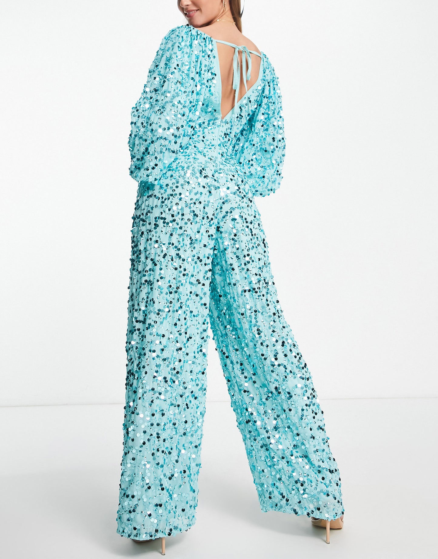 ASOS DESIGN embellished big sleeve wide leg jumpsuit in turquoise sequin