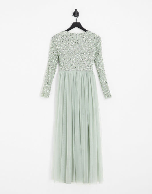 Maya Petite Bridesmaid long sleeve maxi dress with delicate sequin in sage green