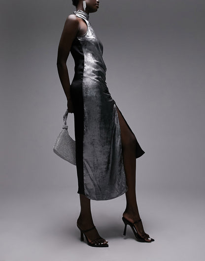 Topshop metallic halter neck midi dress with ruched side in silver