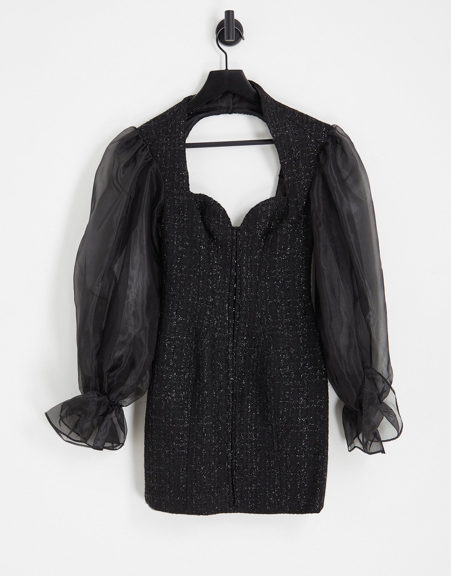 ASOS LUXE boucle sweetheart neck mini dress with sheer sleeves in black