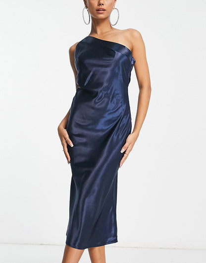 Lola May satin one shoulder midi dress with diamonte strap in navy