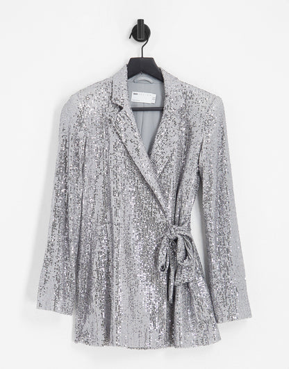 ASOS DESIGN jersey sequin tie waist suit blazer in gunmetal