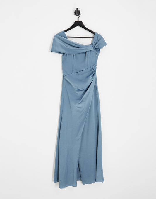 ASOS DESIGN Bridesmaid satin bardot drape wrap maxi dress in dusky blue