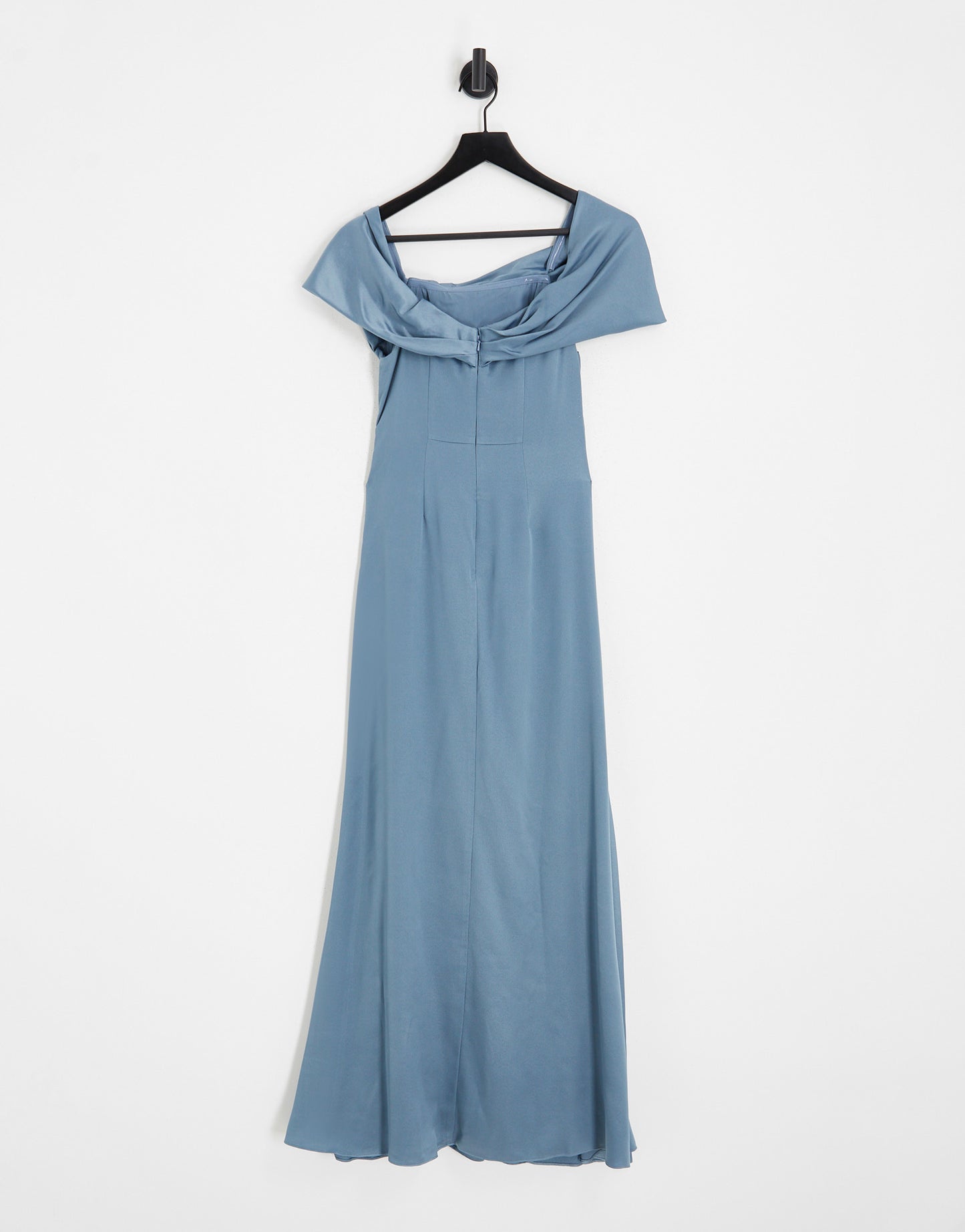 ASOS DESIGN Bridesmaid satin bardot drape wrap maxi dress in dusky blue