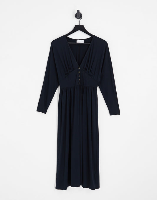 ASOS DESIGN waisted long sleeve midi tea dress with buttons in black