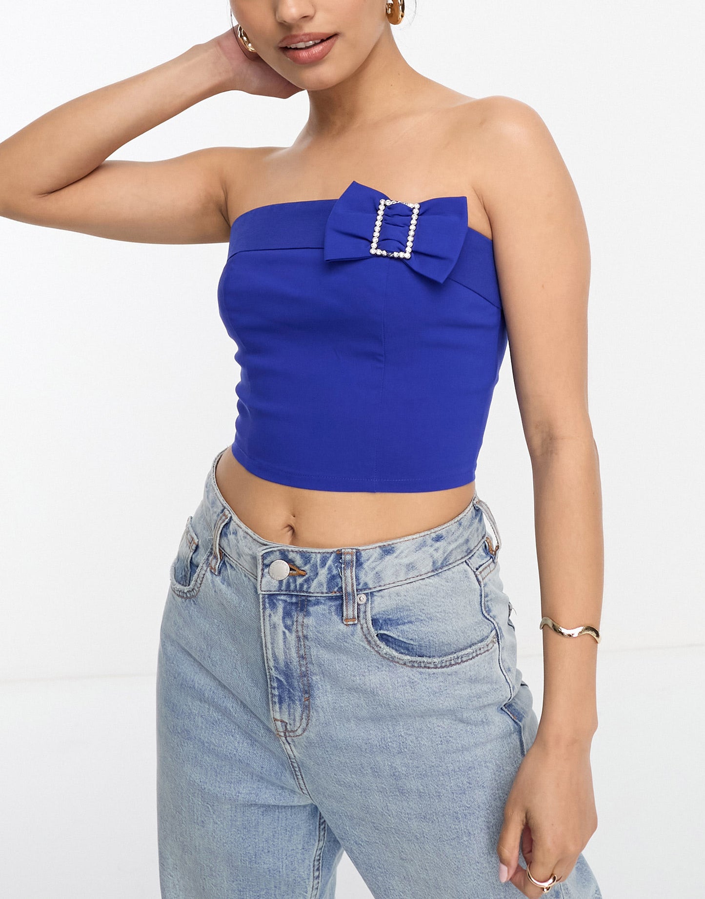 Miss Selfridge cropped bandeau corset top with diamante detail in blue