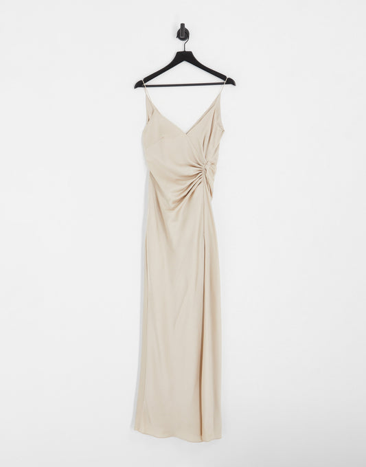 ASOS DESIGN Bridesmaid satin ruched halter neck maxi dress in oyster