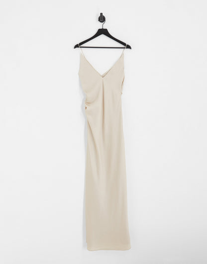 ASOS DESIGN Bridesmaid satin ruched halter neck maxi dress in oyster